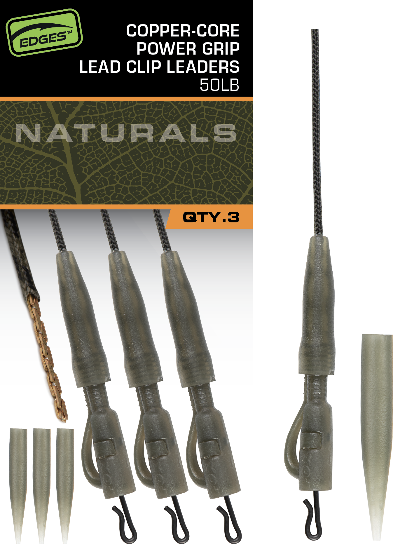 Edges Naturals Copper-Core Power Grip Lead Clip Leaders 3pcs