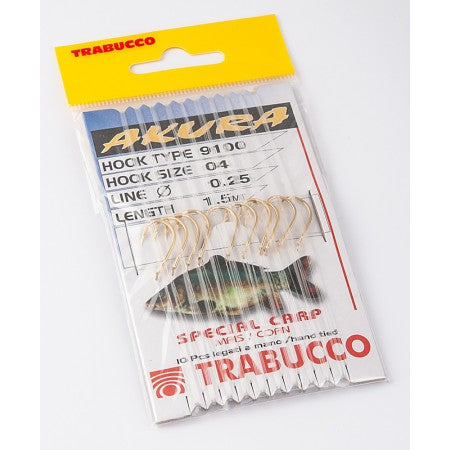 Cârlige legate Trabucco Akura pentru crap și porumb, 10 buc/plic
