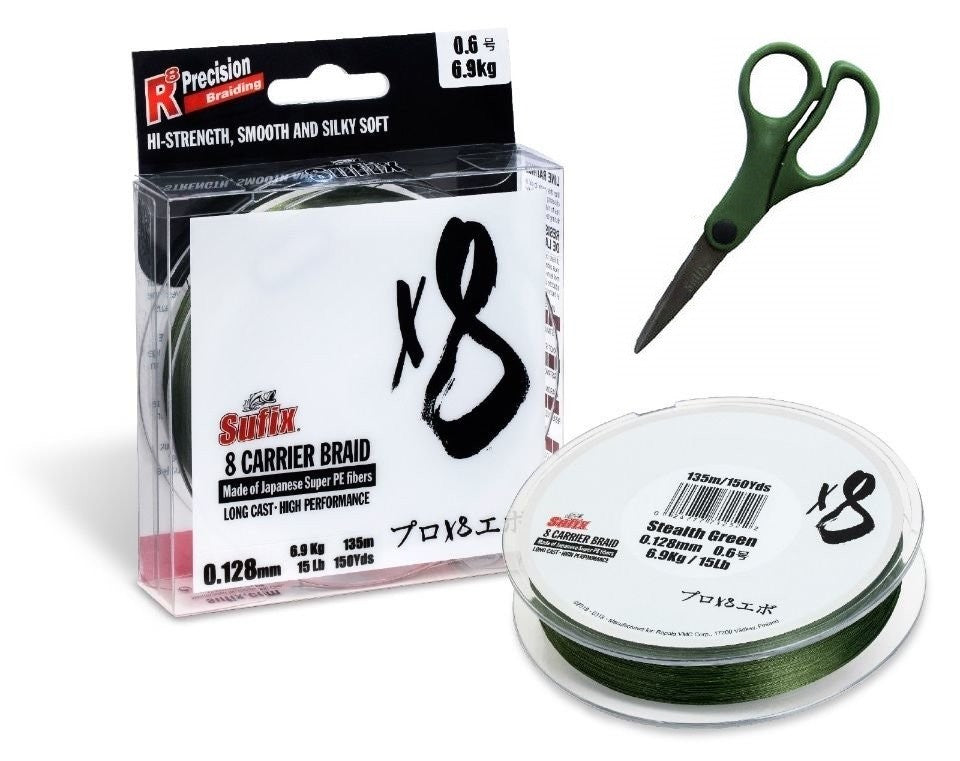 Sufix X8 135M 0.205MM 17.5KG 1.5 39LB STEALTH GREEN + forfecuta